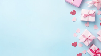 Pink gift boxes with hearts on blue background - obrazy, fototapety, plakaty