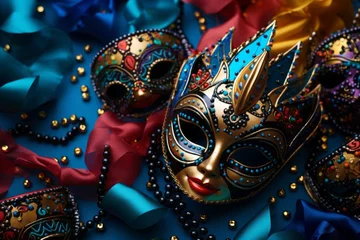 Poster Collection of carnival masks with glitter and colorful decorations, arranged artistically on a vibrant background, showcasing variety and creativity © bluebeat76
