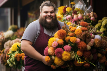 A fat male manager in an apron stands behind the counter in a flower shop - obrazy, fototapety, plakaty