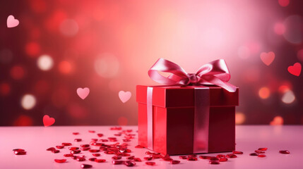 Obraz premium Red gift box on a pink background wuth heart shape bokeh