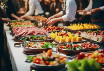 Gastronomia Multicolore- Buffet con Carni, Frutta e Verdure in Ristorante - obrazy, fototapety, plakaty
