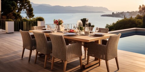 There is a dining table on the terrace
