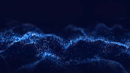 Deurstickers Dynamic blue wave of particles. Abstract futuristic background. Big data visualization. 3D rendering. © ihor