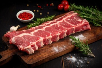 Fototapeta premium Raw pork ribs are laid out on a cutting board