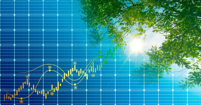 Renewable energy and environmental concept.Graphs and charts of electricity consumption on solar panels' surfaces. electrical energy and demand. Energy crisis for electricity production. 