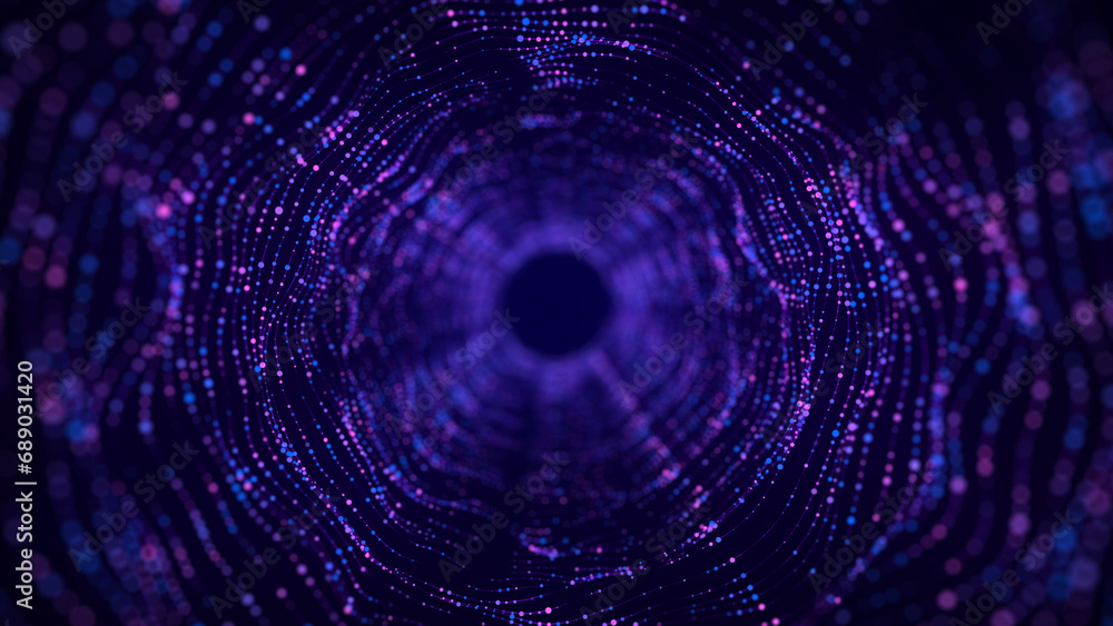 Poster technology wireframe circle tunnel on blue background. futuristic 3d wormhole grid. big data visuali