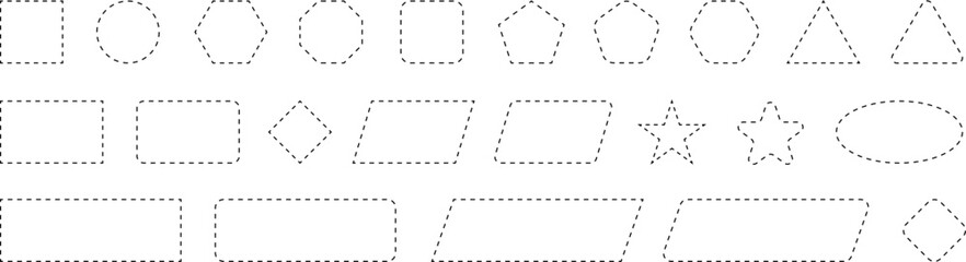 Dash line shapes. Dashed outline design of border for basic geometric shapes. Icon of cut frame. Vector illustration