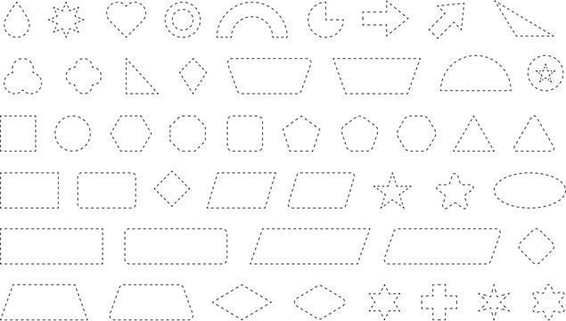 Dash line shapes. Dashed outline design of border for basic geometric shapes. Icon of cut frame. Vector illustration