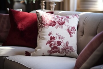 Fabric sofa with white and burgundy pillows.