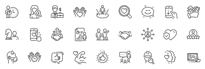Icons pack as Like, Life insurance and Fraud line icons for app include Moisturizing cream, Scroll down, Delivery man outline thin icon web set. Handshake, Teamwork, Business report pictogram. Vector