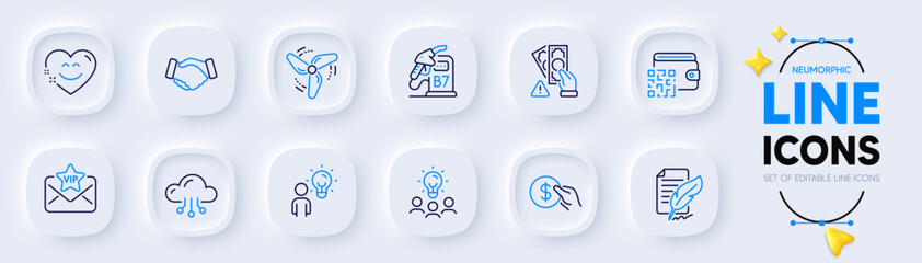 Handshake, Qr code and Diesel station line icons for web app. Pack of Bribe, Feather signature, Group people pictogram icons. Smile chat, Cloud computing, Payment signs. Vip mail. Vector