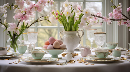 easter table setting with flowers