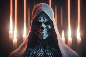 Fototapeta na wymiar A hooded skeleton undergoes a candlelit ritual