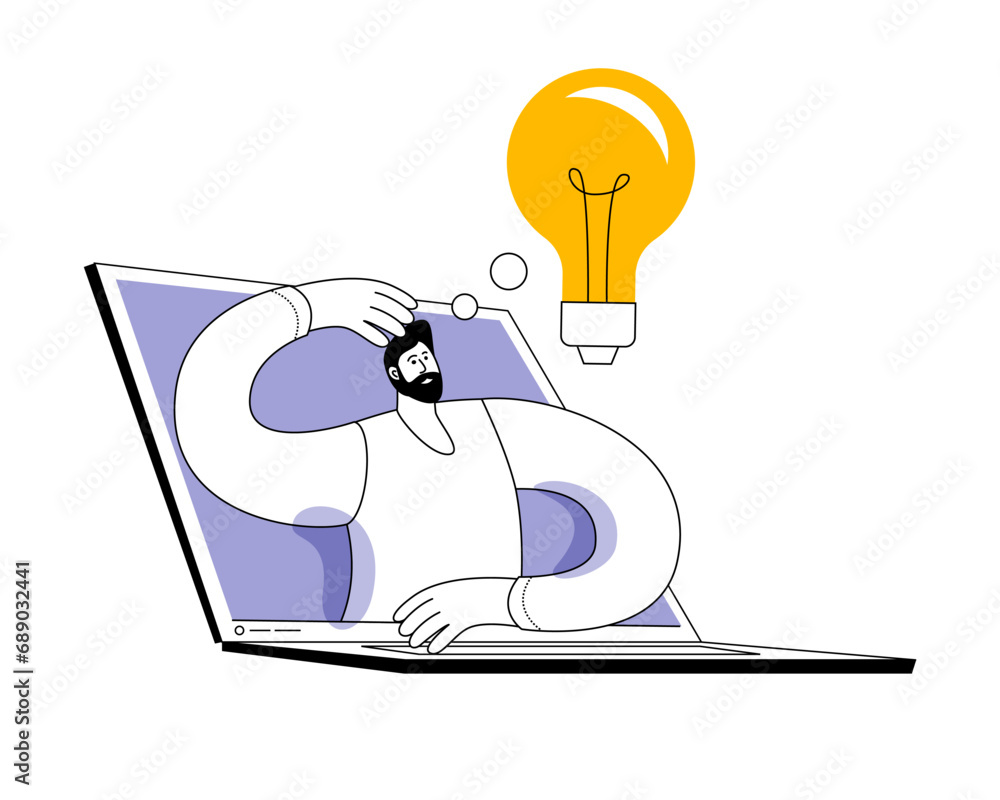 Poster a man with an idea. man on laptop screen. vector illustration in linear style. the topic is online s