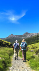 Fototapeta na wymiar older couple walking on a footpath towards mountains