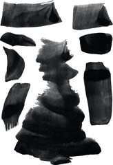 Vector unique hand-drawn black ink stains. Black spot graphics. Black and white graphic elements. Strokes of black paint on a transparent background. Unique paint strokes for design, web, postcard.