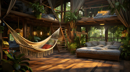 Eco-friendly accommodation with hammocks and green plants. Retreat and outdoor recreation concept