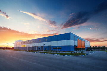 Obraz premium Modern Logistic Warehouse Facility Structure at Sunrise, Infused with a Harmonious Blend of Blue and Orange Hues. Ai generated