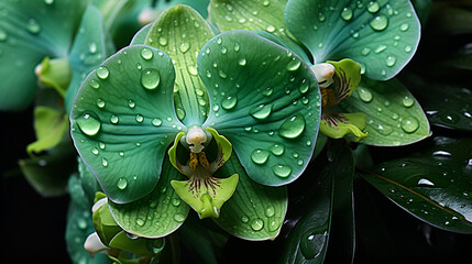 water drops on a green leaf, fresh green orchid flower, green orchid close up detail exotic flower