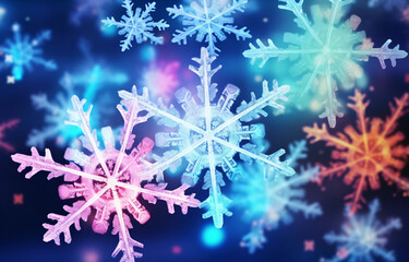 Winter Christmas snowflakes close-up rendering, winter background for holiday greeting card