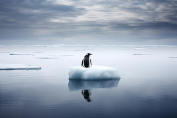 Illustration symbolizing the impact of global warming, featuring a stranded penguin on a melting ice piece. Ai generated