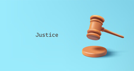 Wooden Judge Gavel 3d render vector illustration. Justice hammer sign icon concept. Law and justice concept. - obrazy, fototapety, plakaty
