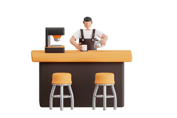 3D Illustration of Male waiter making coffee. man making coffee for customer. 3d illustration