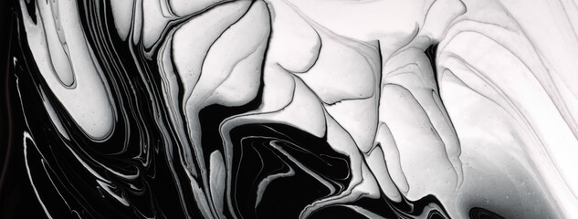 Abstract fluid art background black and white colors. Liquid marble. Acrylic painting on canvas with swirl and gradient.