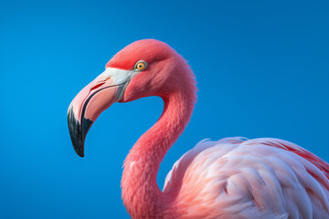 Fototapeta premium Pink Flamingo's Graceful Detail Against a Tranquil Blue Background. Ai generated