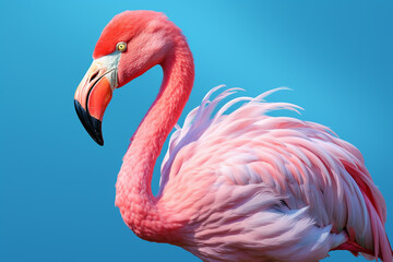Obraz premium Pink Flamingo's Graceful Detail Against a Tranquil Blue Background. Ai generated