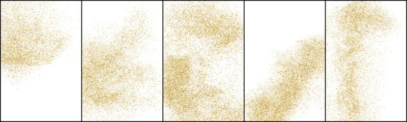 Gold glitter texture isolated on white. Golden wave of confetti. Yellow color sequins. Design elements. Set of decoration light patterns . Vector illustration collection.