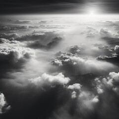 Obraz premium Aerial shot from a spacecraft capturing Earth's grandeur in grayscale and brown hues, featuring misty clouds during a cosmic dawn 