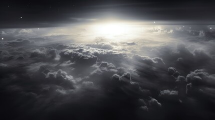 Obraz premium Aerial shot from a spacecraft capturing Earth's grandeur in grayscale and brown hues, featuring misty clouds during a cosmic dawn 