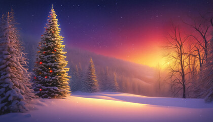 Enchanted Snowy Christmas Tree at Twilight - obrazy, fototapety, plakaty