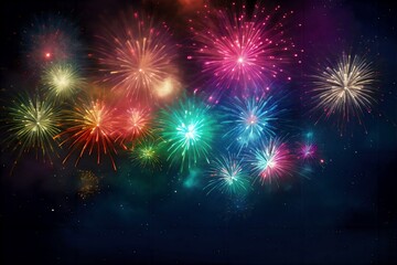A dazzling view of colorful fireworks bursts across the night sky, fireworks in the night sky, fireworks in the sky, fireworks in the night, happy new year fireworks, happy new year, new year, night - obrazy, fototapety, plakaty