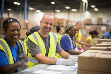 Diverse team working in a warehouse. Concept of collaborative teamwork.