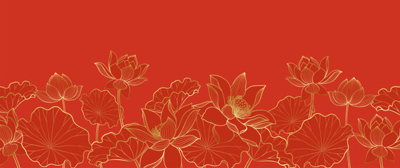 Red Chinese background pattern withe lotus line arts for new years celebrations oriental background. Vector illustration

 - obrazy, fototapety, plakaty
