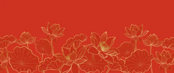 Foto op Canvas Red Chinese background pattern withe lotus line arts for new years celebrations oriental background. Vector illustration   © TWINS DESIGN STUDIO