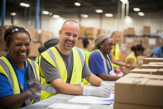 Diverse team working in a warehouse. Concept of collaborative teamwork.