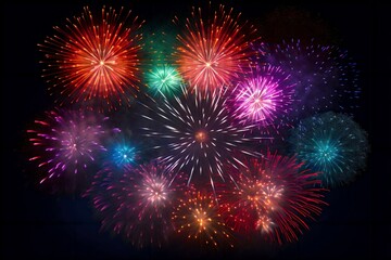 Fototapeta premium A dazzling view of colorful fireworks bursts across the night sky, fireworks in the night sky, fireworks in the sky, fireworks in the night, happy new year fireworks, happy new year, new year, night