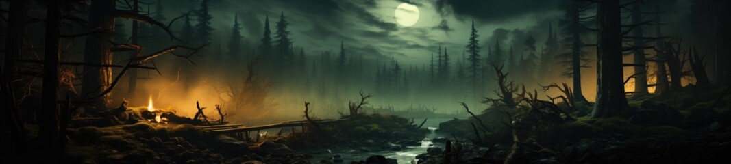 Haunted Forest Style Backgrounds capture the essence of dark, mysterious forest scenes—an artistic portrayal of the haunting allure concealed within the woods. - obrazy, fototapety, plakaty