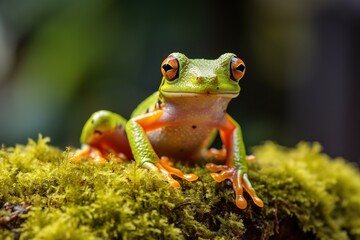 Green tree frog sitting on moss in the rainforest. Wildlife scene from nature.