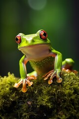 Fototapeta premium Green tree frog sitting on moss in the rainforest. Wildlife scene from nature.