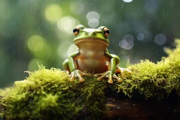 Fotobehang Green tree frog sitting on moss in the rainforest. Wildlife scene from nature. © Rudsaphon