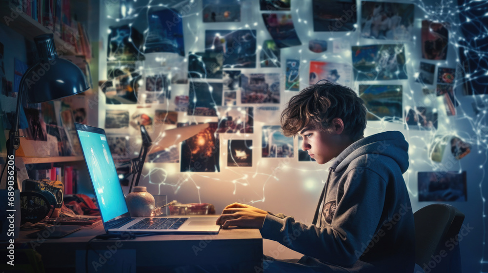 Wall mural .a teenage boy in his room sits with a laptop on the walls with posters and blue bokeh.Generative AI