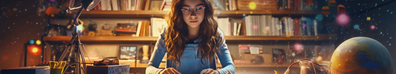 .teenage girl at home sitting at the table during distance learning, books among her, multi-colored bokeh .Generative AI - obrazy, fototapety, plakaty