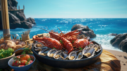 .relaxation near the sea with food with seafood lobsters, crabs, oysters, lobsters, on a large plate.Generative AI