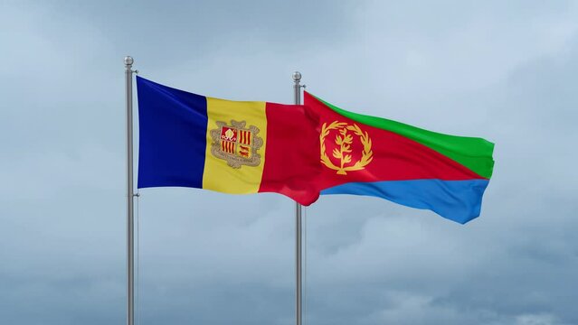 Eritrea and Andorra flag waving together on cloudy sky, endless seamless loop, two country cooperation concept