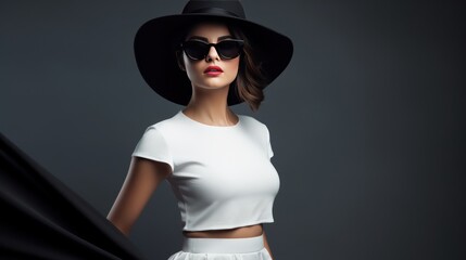 Fashionable woman wearing white skirt, hat and a black sunglasses posing in gray background studio