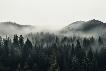 Top view of a misty mythical forest. Generated by artificial intelligence